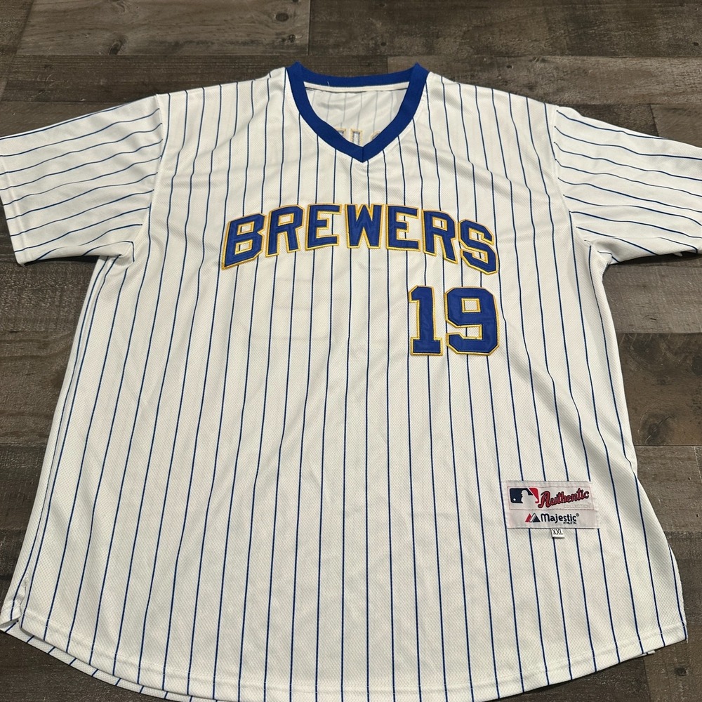 Vtg Majestic Milwaukee Brewers Yount 19 Jersey Mens 2XL Pinstripe MLB